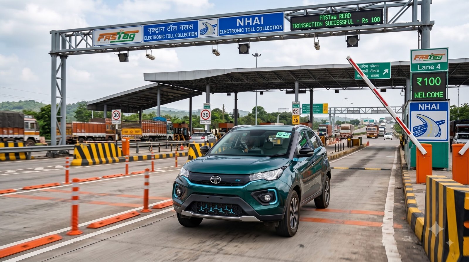 Electric car paying toll at Indian national highway FASTag plaza
